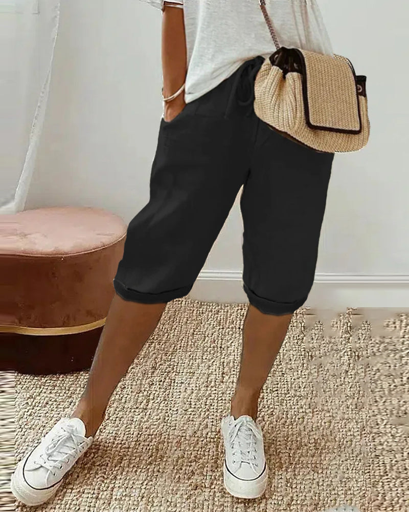 Solid color drawstring comfortable trousers