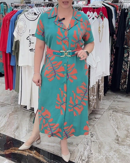 Elegant dress with lapel leaves print casual dresses spring summer