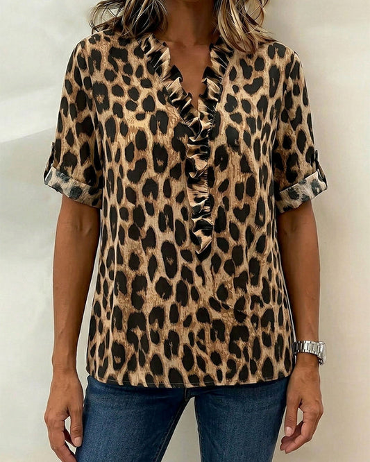 Classic Leopard Print Ruffled Blouse blouses & shirts spring summer