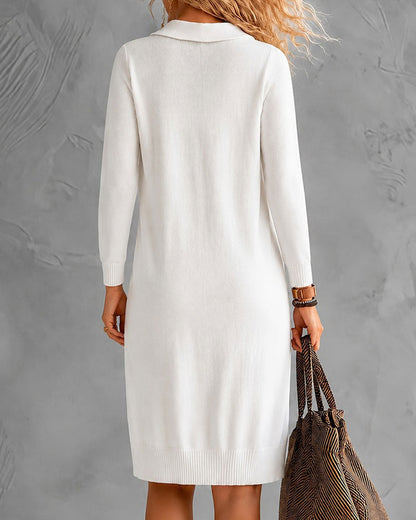 Lapel V-Neck Fitted Long Sleeve Dress