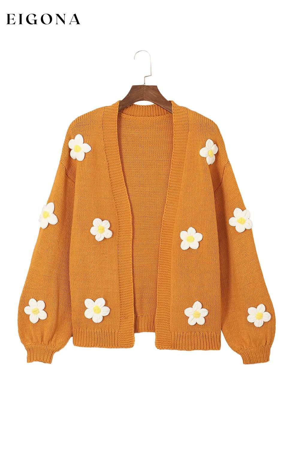 Light French Beige Flower Applique Bubble Sleeve Cardigan cardigan cardigans clothes Color Orange Craft Embroidery Occasion Daily Print Floral Print Vintage Floral Season Winter Style Southern Belle Sweater sweaters