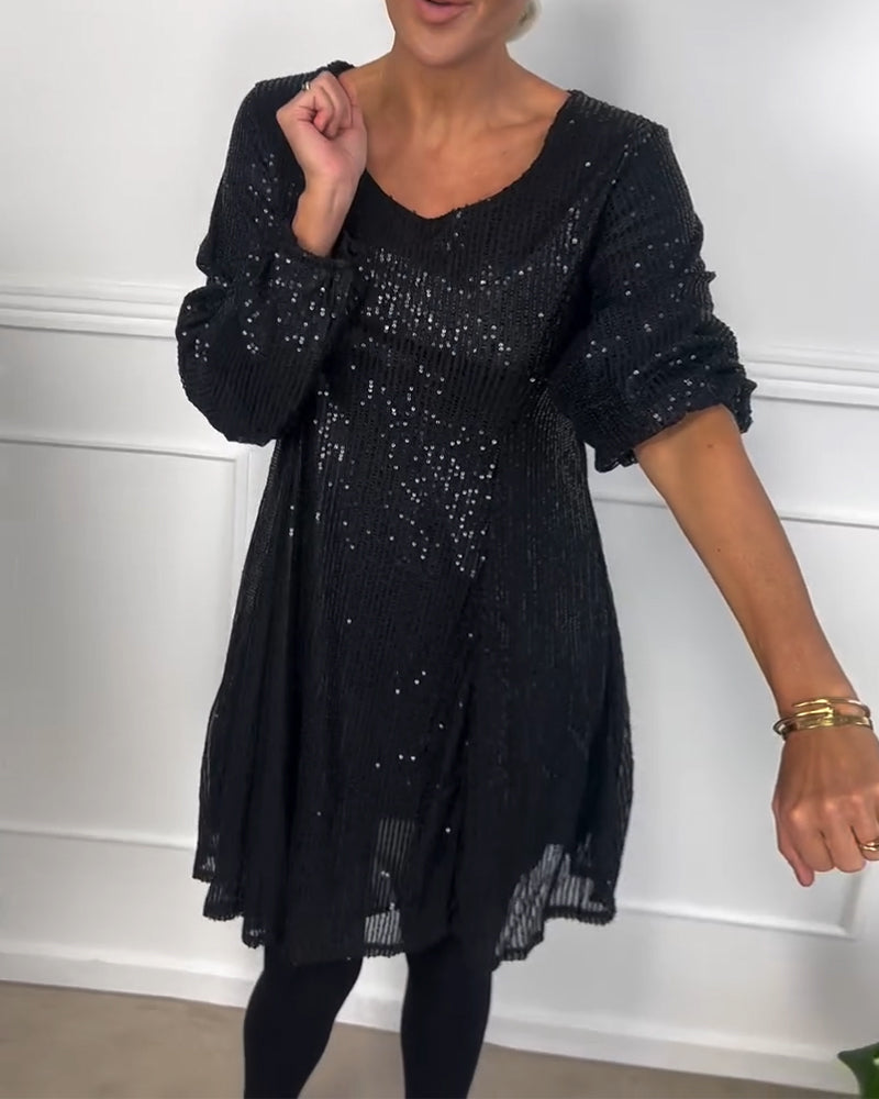 Elegant lantern sleeve sequined a-line dress 2024 f/w casual dresses christmas