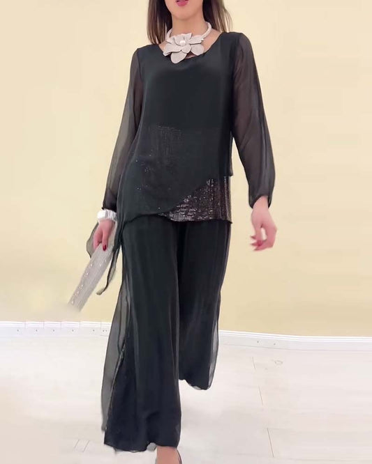 Abito a maniche lunghe con paillettes in tinta unita