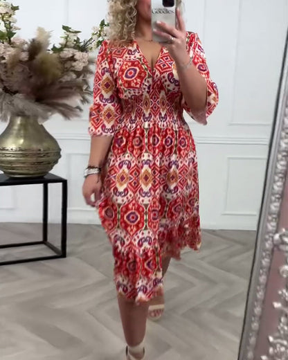 Deep V bell sleeve printed dress casual dresses spring summer vacation dresses