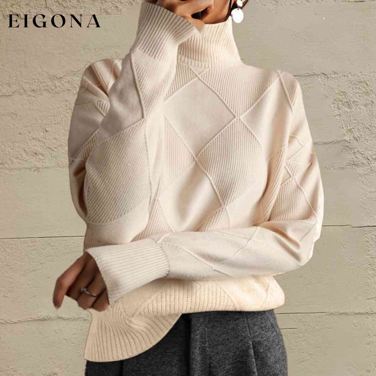 Geometric Turtleneck Long Sleeve Sweater Ivory clothes Ship From Overseas X@M