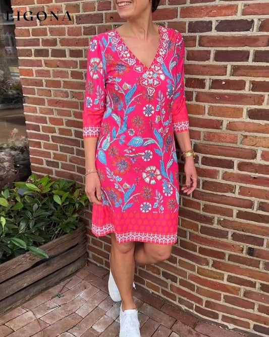 V-neck printed three-quarter sleeve midi dress casual dresses spring summer