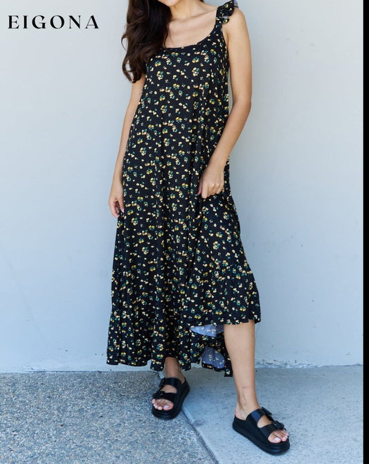 Ruffle Floral Maxi Dress in Black Yellow Floral Floral casual dress casual dresses clothes dress dresses Labor Day Sale maxi dress maxi dresses Ninexis Ship from USA
