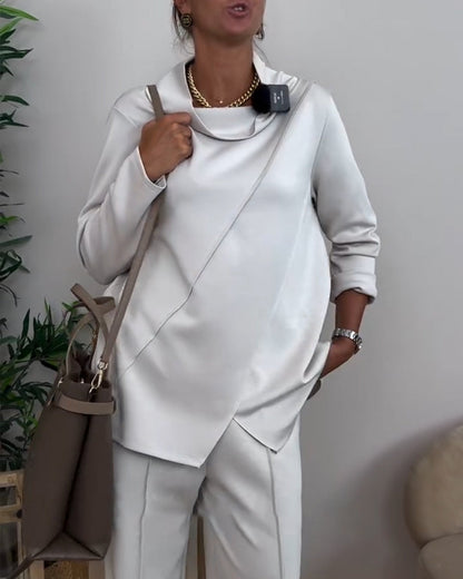 Draped Collar Irregular Long-Sleeved Top