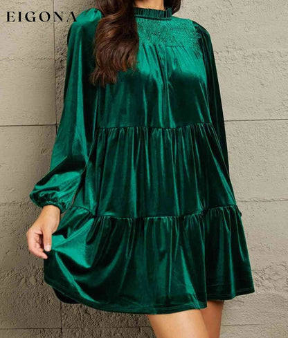 Full Size Velvet Short Casual Tiered Dress BFCM - Up to 70 Percent Off Black Friday casual dresses clothes dresses GeeGee Green dress green dresses long dress long sleeve long sleeve dresses Ship from USA short dresses