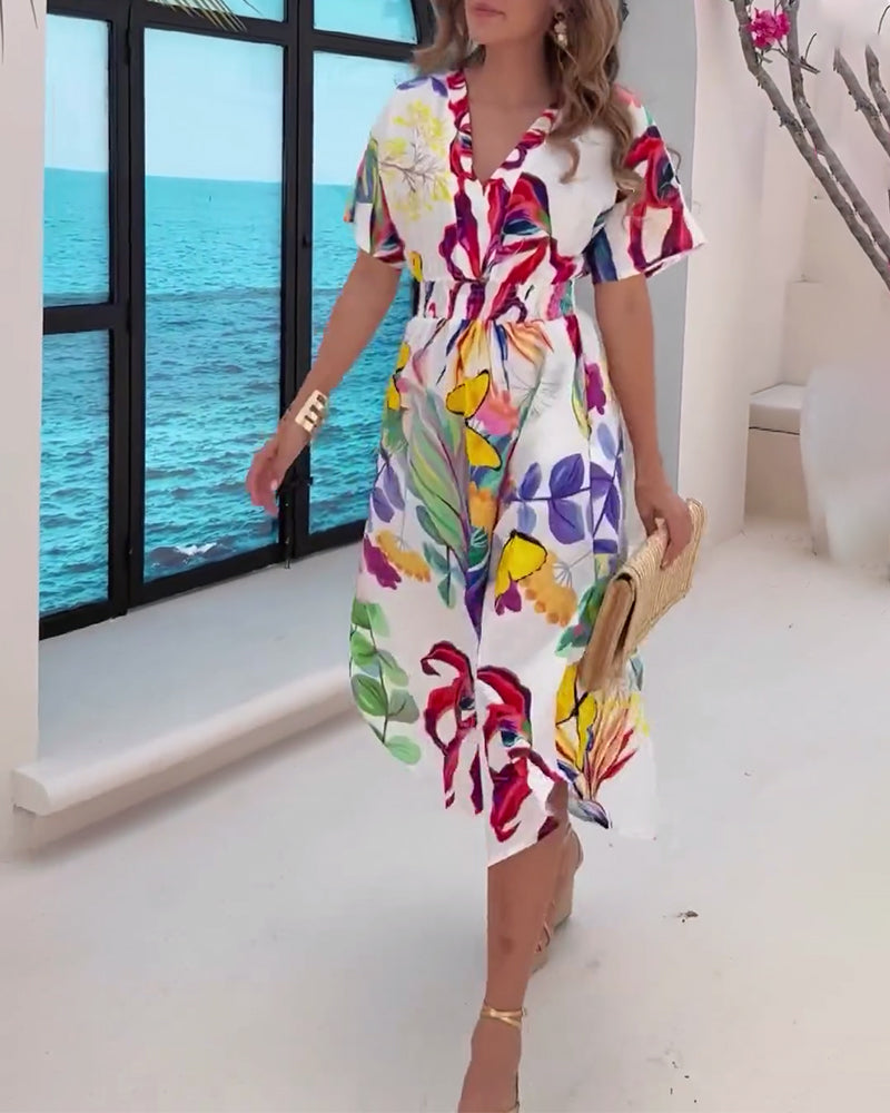 Butterfly print v neck short sleeve dress casual dresses summer vacation dresses