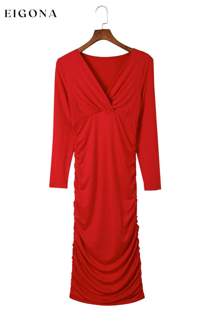 Fiery Red Long Sleeves Wrap V Neck Ruched Sheath Bodycon Dress casual dresses clothes Color Red DL Exclusive dress dresses Evening Dresses Wholesale long sleeve dress long sleeve dresses midi dress Occasion Night Out Season Fall & Autumn Style Elegant Style Feminine