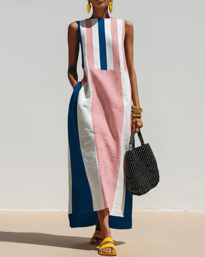 Crew Neck Color Block Vertical Stripe Sleeveless Dress