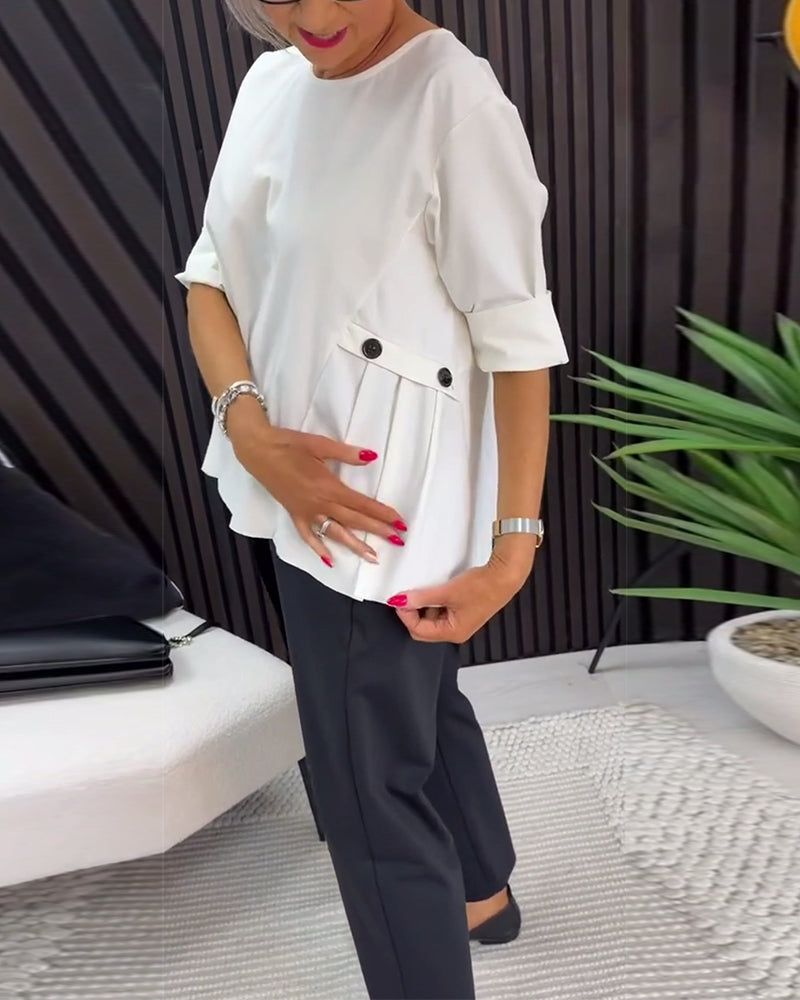 Ruched Pocket Accent Long Sleeve Blouse