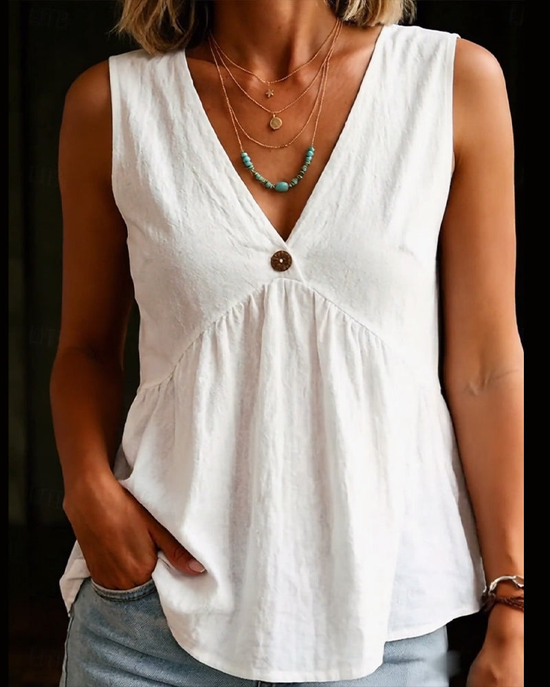 V-Neck Single Button Pleated Sleeveless Tank Top