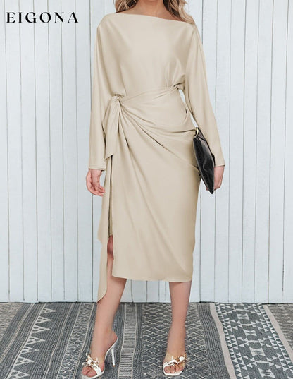 Boat Neck Long Sleeve Twisted Midi Dress Sand clothes dress dresses long dress Ship From Overseas SYNZ