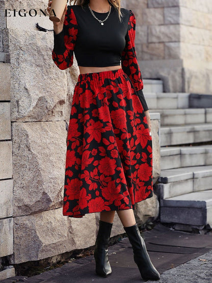 Round Neck Lantern Sleeve Floral Print Top and Skirt Set 2 pieces clothes Hanny set Ship From Overseas Shipping Delay 09/29/2023 - 10/04/2023 trend