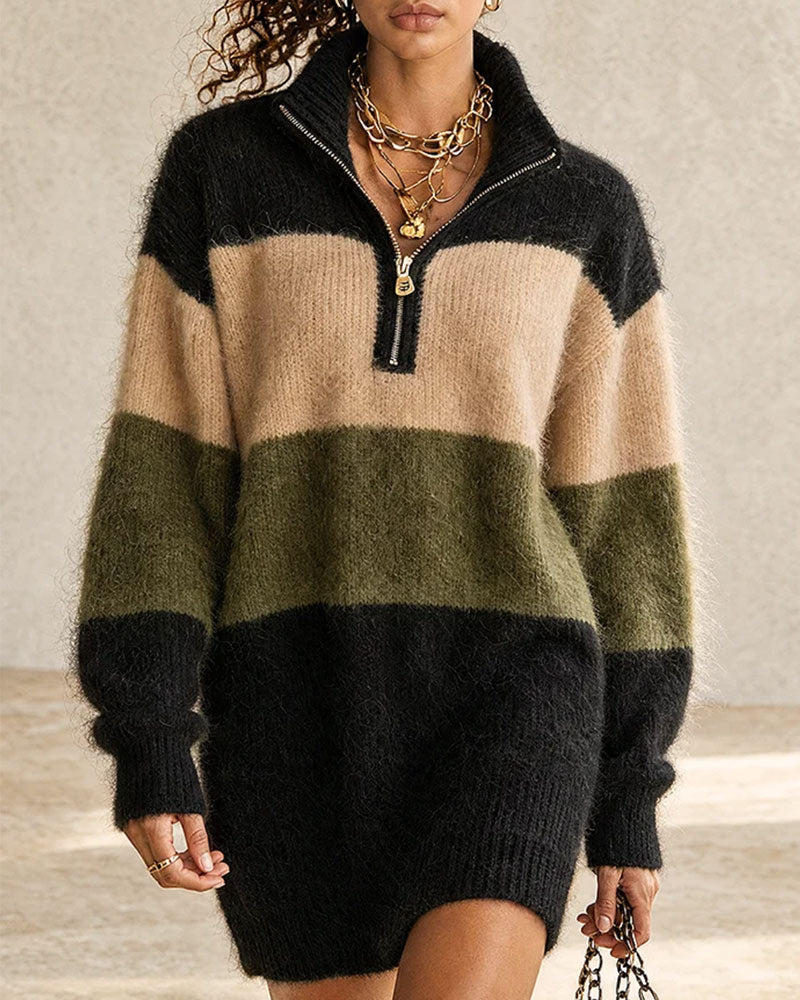 Color Block Half Zip Turtleneck Long Sweater Dress