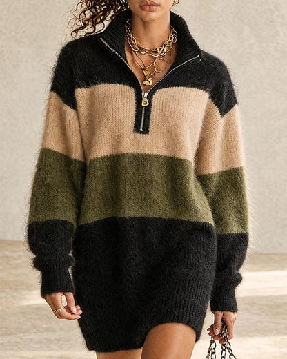 Color Block Half Zip Turtleneck Long Sweater Dress