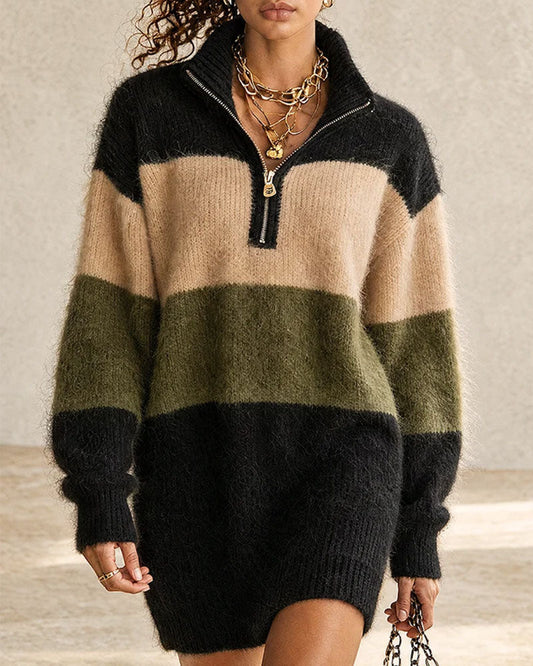 Color Block Half Zip Turtleneck Long Sweater Dress