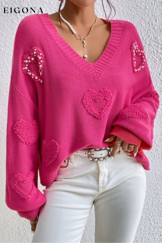Rose Red Pearl Embellished Fuzzy Hearts V Neck Sweater All In Stock clothes Color Pink Craft Bead Day Valentine's Day Occasion Daily Print Solid Color Season Fall & Autumn Style Southern Belle sweaters Sweatshirt