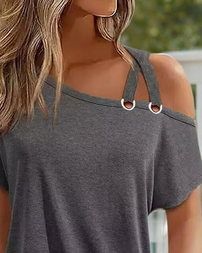 Solid Color Asymmetrical Off Shoulder Short Sleeve T-Shirt