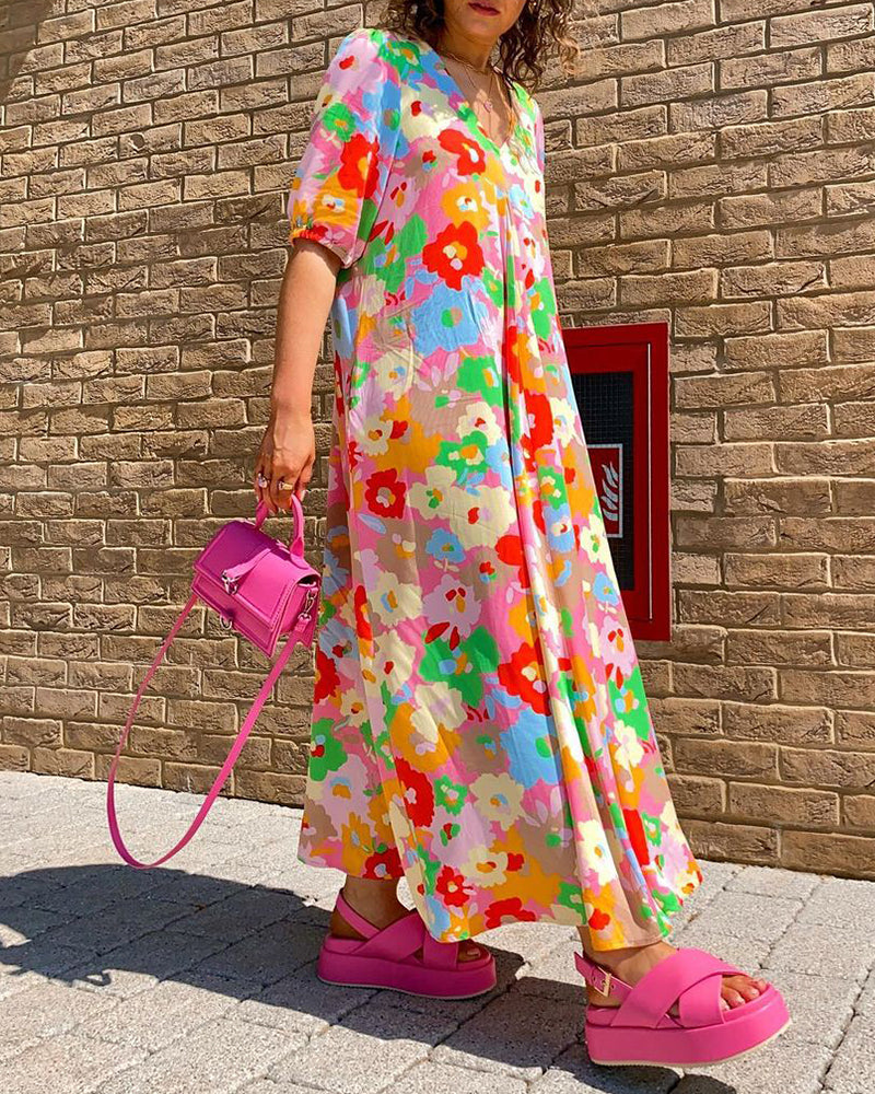 Colorful floral print V-neck short-sleeve dress casual dresses summer vacation dresses