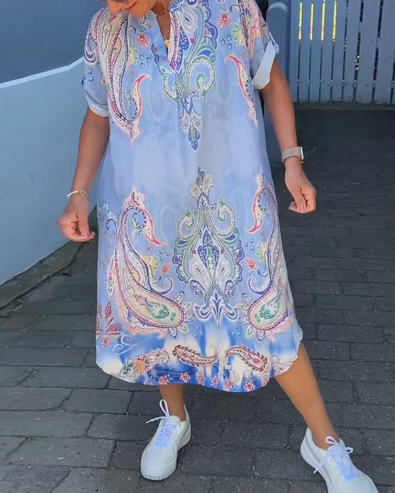 V-neck fold sleeve printed dress casual dresses summer