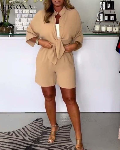 Casual solid color blouse shorts sets spring summer two-piece sets