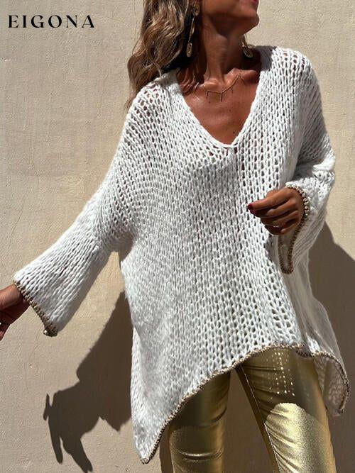 Contrast V-Neck Long Sleeve Sweater White A@Y@M clothes Ship From Overseas Sweater sweaters Sweatshirt