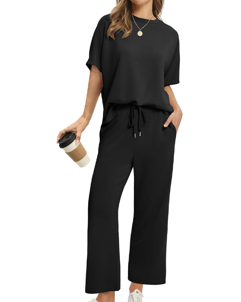 Solid Color Crew Neck Short-Sleeved Suit