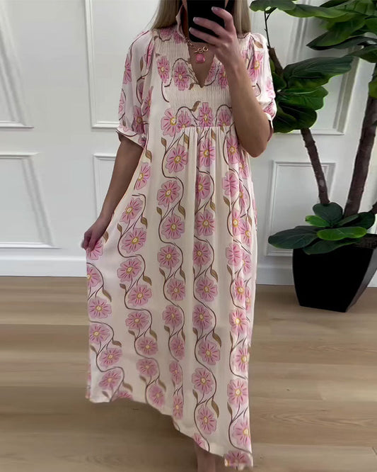 V-Neck Puff Sleeve Loose A-Line Dress