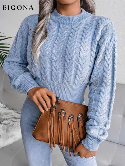 Cable-Knit Round Neck Cropped Sweater Misty Blue Clothes Ship From Overseas Y*X