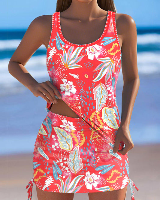 Ärmelloser Tankini mit Rock und Blumenmuster
