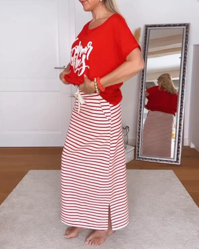 Casual Letter Print Striped Skirt Set