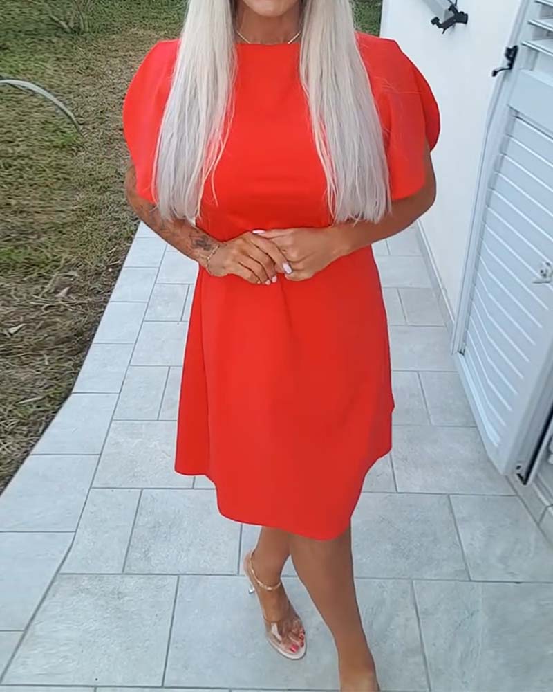 Solid-Color Puff-Sleeve A-Line Dress