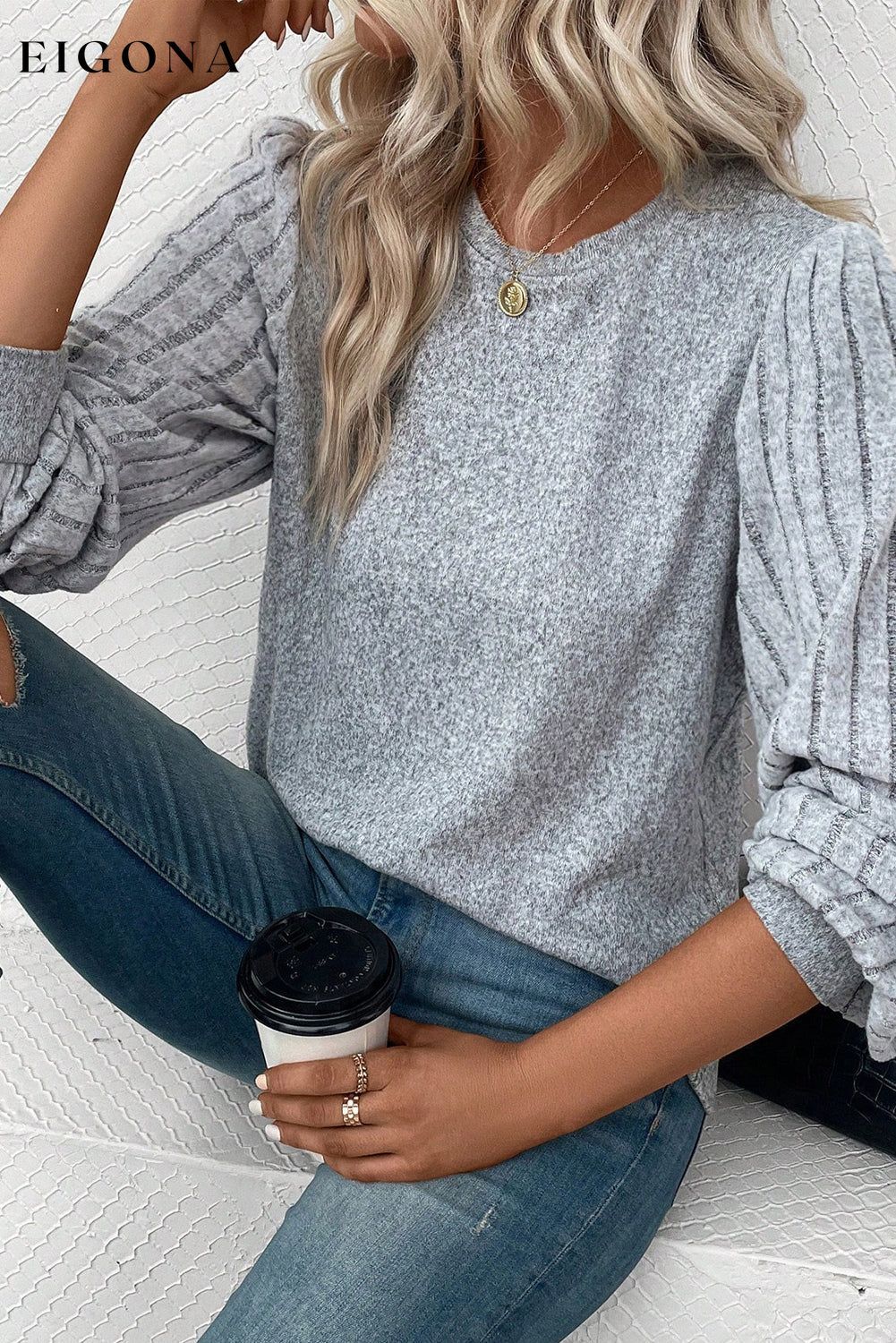 Gray Contrast Ribbed Bishop Sleeve Top All In Stock Best Sellers clothes Fabric Ribbed Hot picks long sleeve shirt long sleeve shirts long sleeve top long sleeve tops Occasion Daily Print Solid Color Season Fall & Autumn shirt shirts Style Casual top tops Tops/Blouses