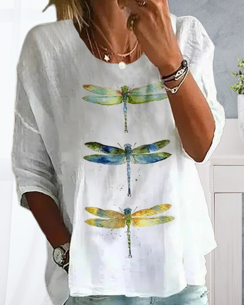 Casual dragonfly print three-quarter sleeve top 202466 blouses & shirts spring summer