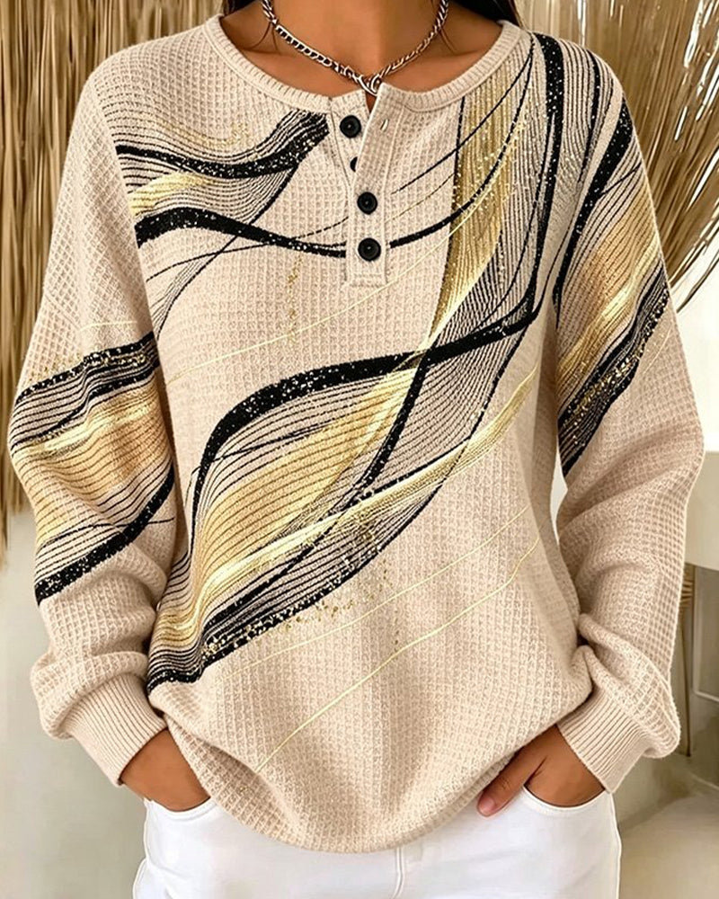 Crew-Neck Button-Down Stripe Sweatshirt
