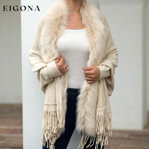 Fringe Open Front Long Sleeve Poncho Ivory One Size clothes Drizzle Ship From Overseas sweaters