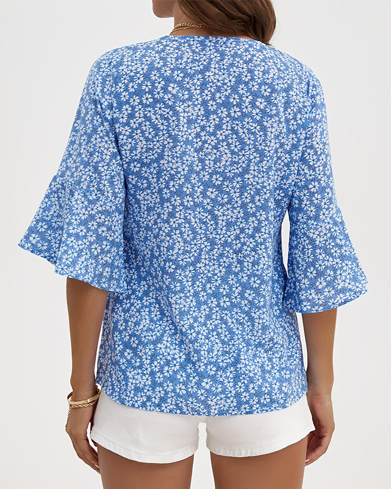 V-Neck Floral Butterfly Sleeve Blouse