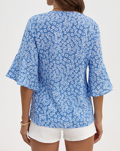 V-Neck Floral Butterfly Sleeve Blouse