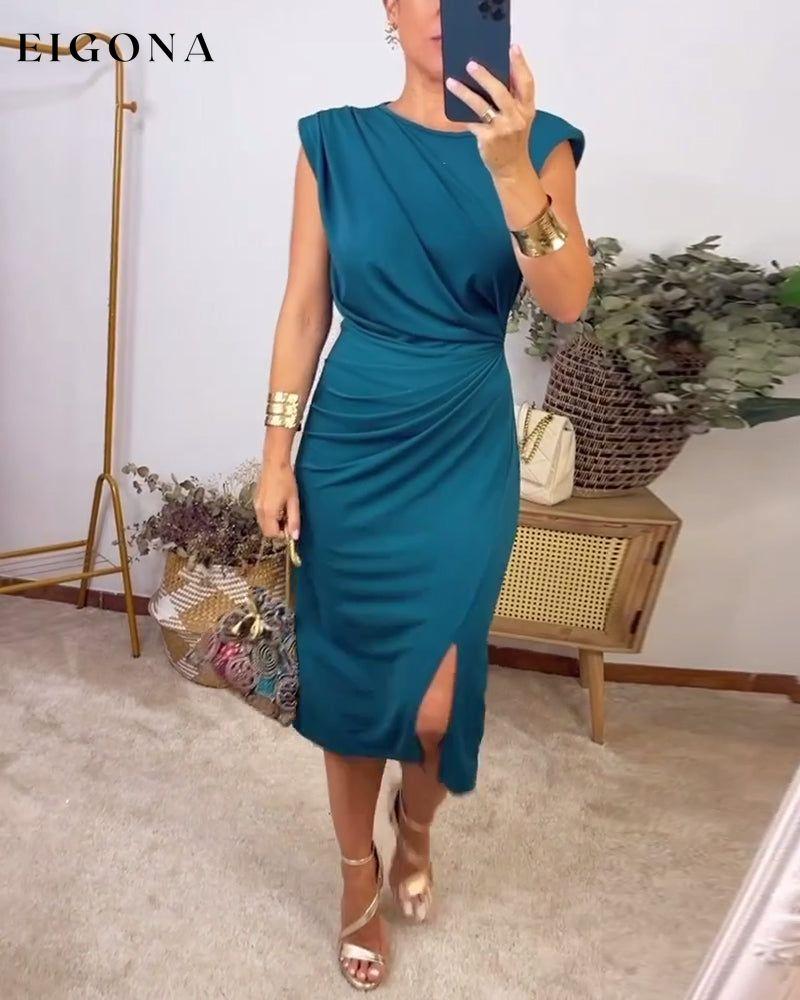 Sleeveless pleated slit solid color dress casual dresses summer