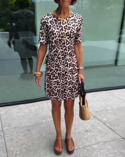 Round Neck Leopard Print Short Sleeve Dress
