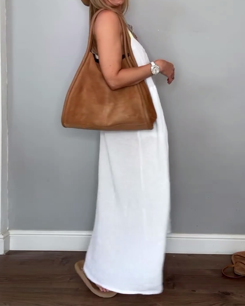 Solid Color Casual Suspender Dress