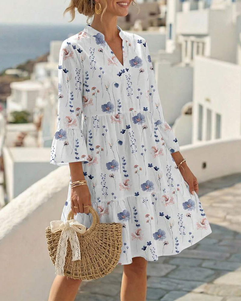 V-Neck Floral Print Midi Dress