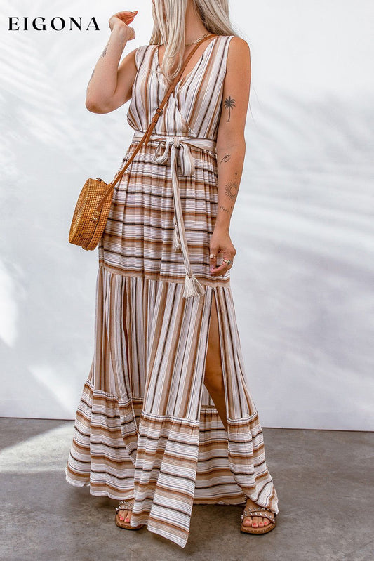 Striped Tie Waist Slit Sleeveless Dress casual dress casual dresses clothes dress dresses maxi dress maxi dresses Ship From Overseas SYNZ