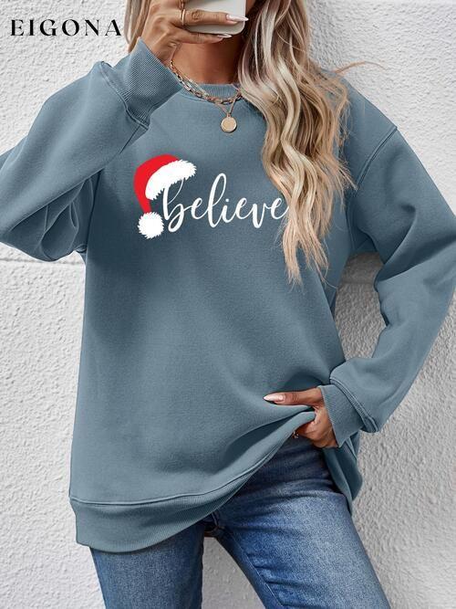 BELIEVE Graphic Long Sleeve Holiday Christmas Sweatshirt Air Force Blue Changeable christmas sweater clothes Ship From Overseas