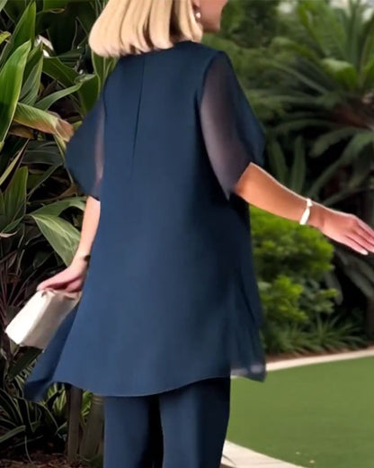 Chiffon Asymmetrical Top Wide-Leg Pants Set