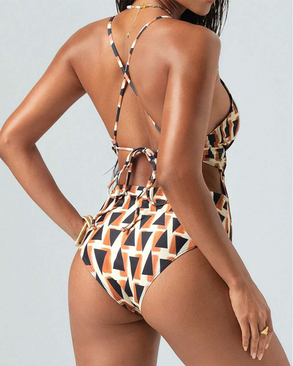 Sexy Cross Strap Printed Pleated One-Piece Swimsuit