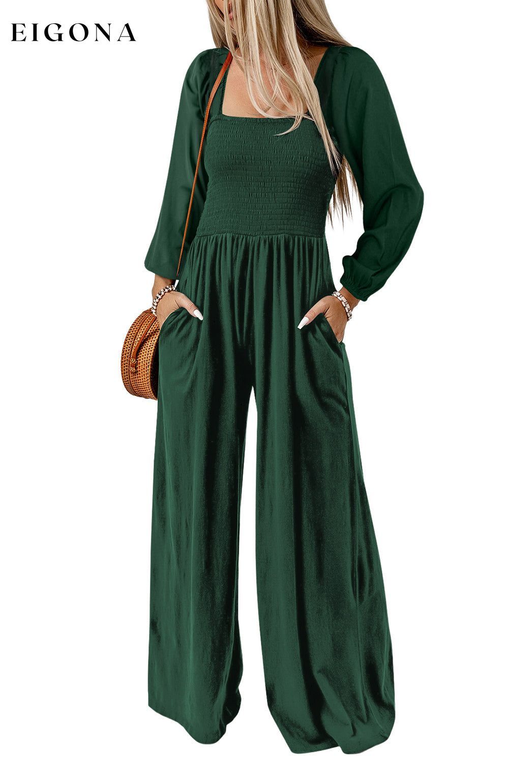 Green Smocked Square Neck Long Sleeve Wide Leg Jumpsuit All In Stock Best Sellers clothes Craft Smocked Occasion Daily pants Print Solid Color Season Fall & Autumn Silhouette Wide Leg Style Southern Belle wide leg jumpsuit